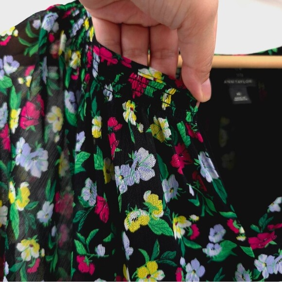 Ann Taylor Floral Balloon Sleeve Top XL Smocked Black Pink Chiffon Feminine - Picture 5 of 15